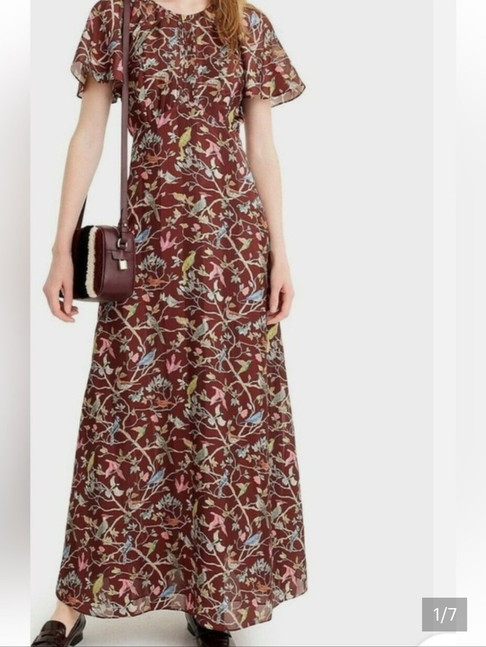 J. Crew Point Sur Bird & Floral Maxi Dress Burgundy Sheer Short Sleeve Feminine